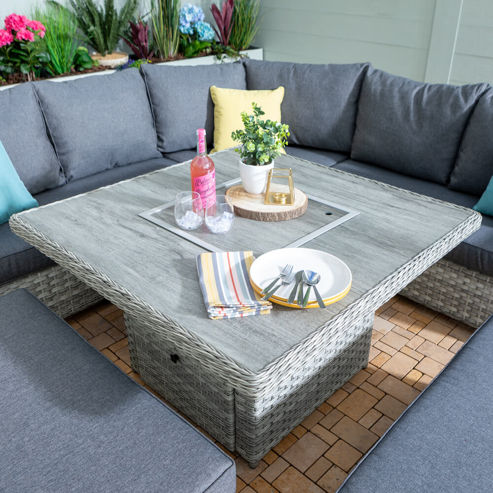 Hartman Heritage Grand Square Tuscan Casual Dining Set with Fire Pit Table – Ash/Slate