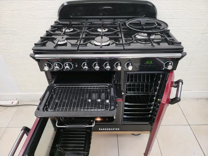 Rangemaster Classic Deluxe Dual Fuel Range Cooker Cranberry Red 90cm