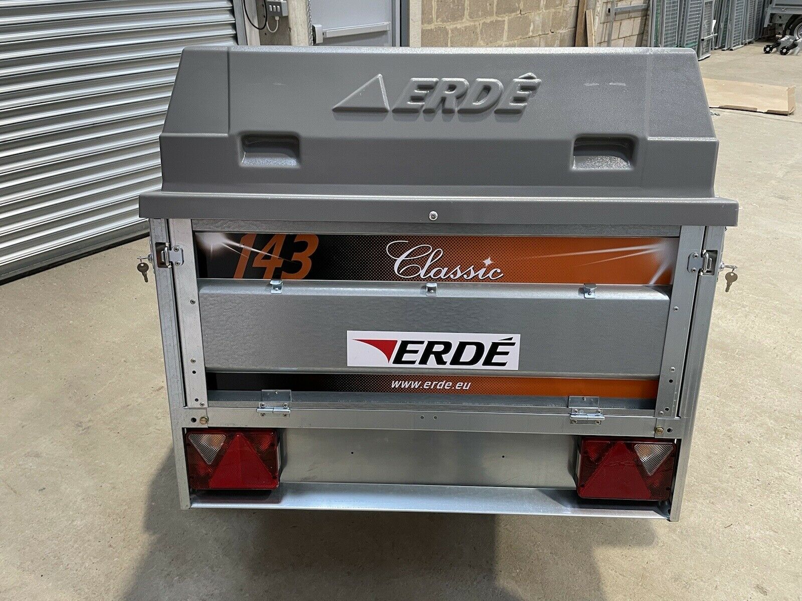 Newly assembled Erde 143 box car camper trailer with lockable ABS hard top