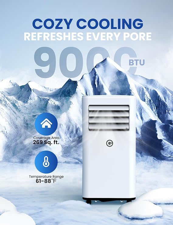 Air Conditioning Unit Portable Air Conditioner 9000 BTU 4-in-1 Dehumidifier, Cooling Fan with 2 Speeds, Digital Display & Remote Control, Window Kit