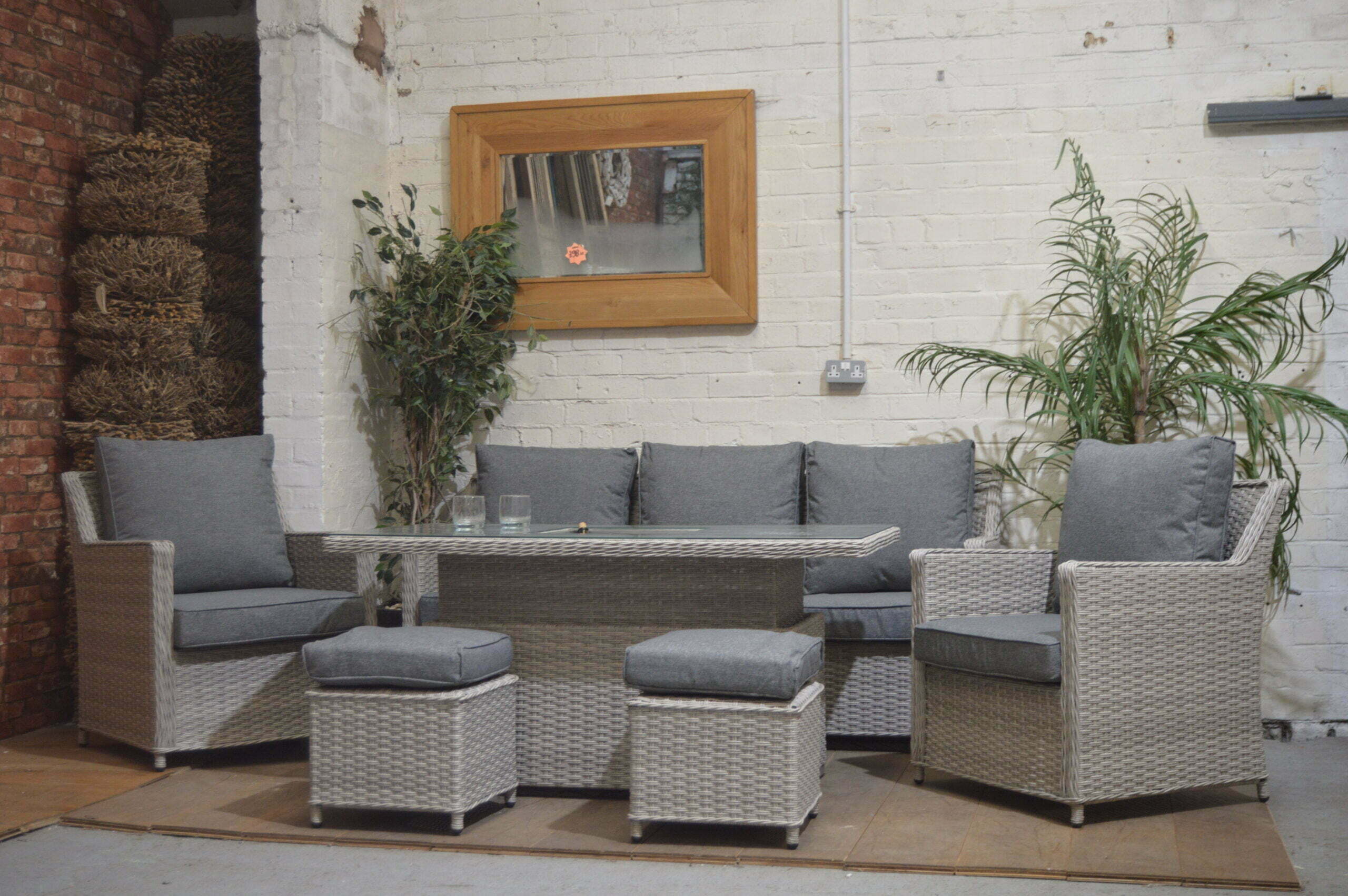Sofa Patio Dining Lounge Set With Rising Table - Grey Rattan