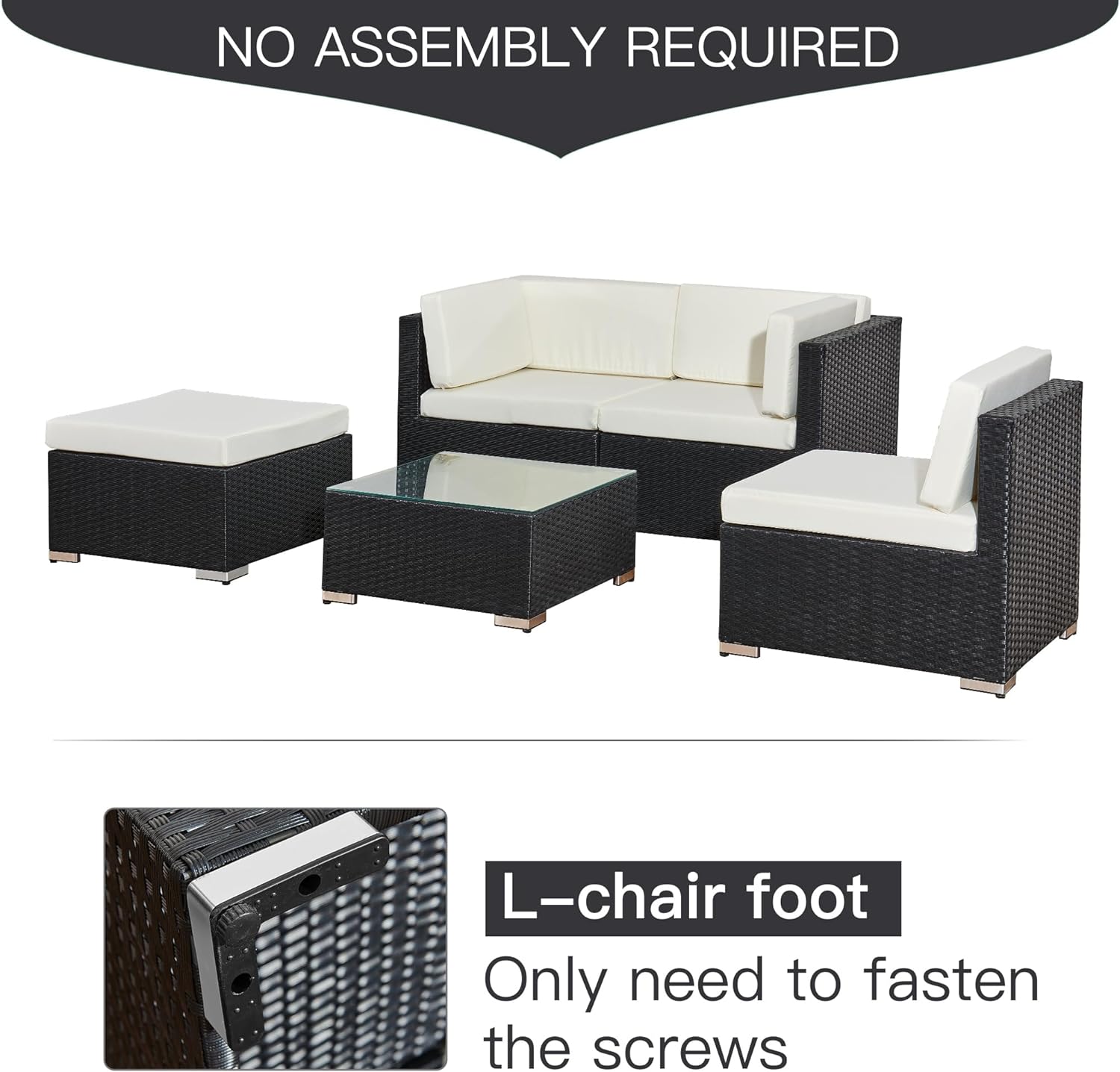 Aweather 5 Piece Rattan Garden Furniture Outdoor Rattan Corner Sofa Set, With Glass Coffee Table, for Garden, Poolside, Backyard