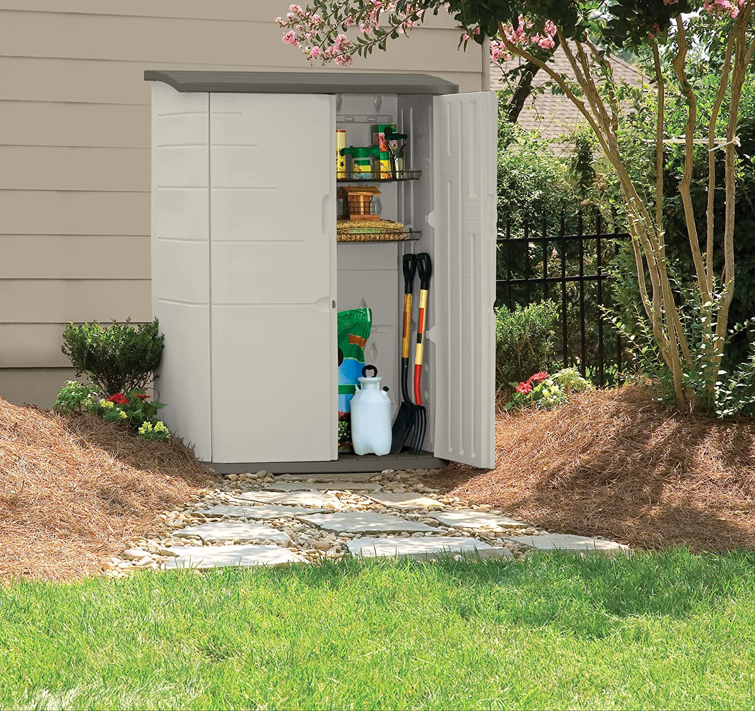 【Storage Shed】Large Plastic Vertical Resin Weather Resistant Storage Shed, 5x6 Ft, Sandstone