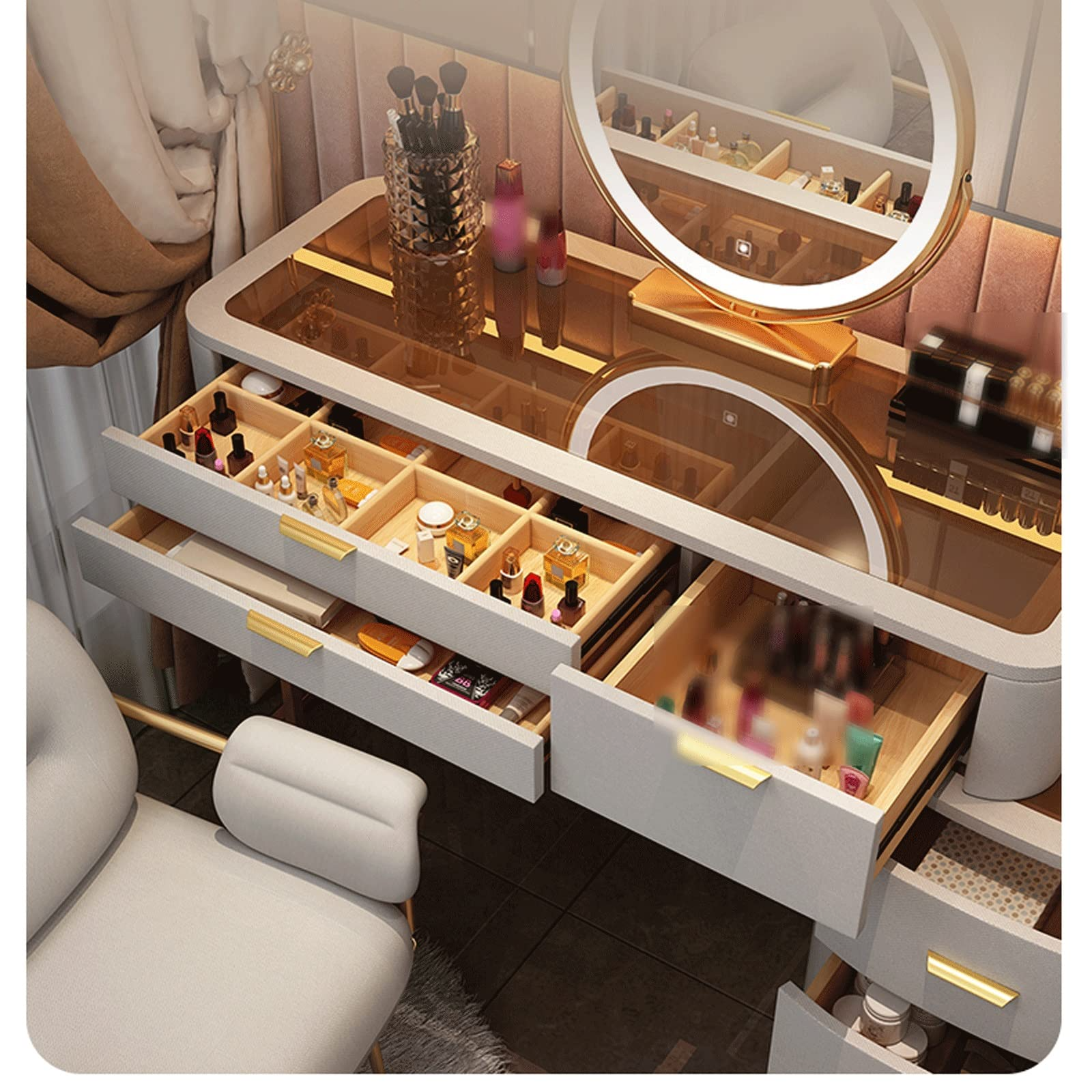 Vanity Desk with Mirror & Lights Glass Dressing Table Bedroom Dressing Storage Cabinet