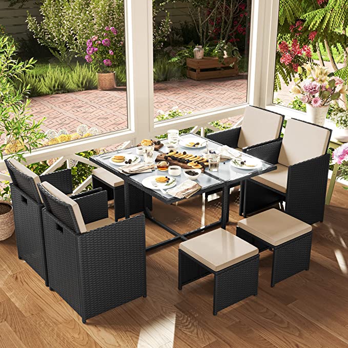 SONGMICS Garden Furniture Set Dining Table and Chairs, Set of 9 PE Rattan Outdoor Patio Furniture, Dining Furniture, Glass Top Coffee Table, with Cushions, Space-Saving, Black and Beige GGF091B02