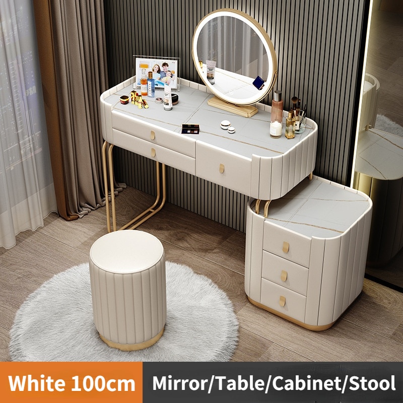 【Furniture】【BS】Nordic Dressing Table with Mirror, Stool & 3 Light Effect LED Mirrors, Golden Iron Dresser