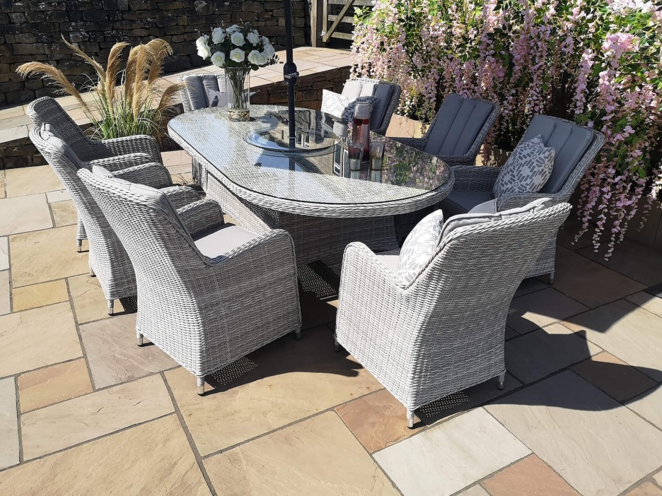 Malibu 8 Seat Oval Rattan Dining Set in Light Grey