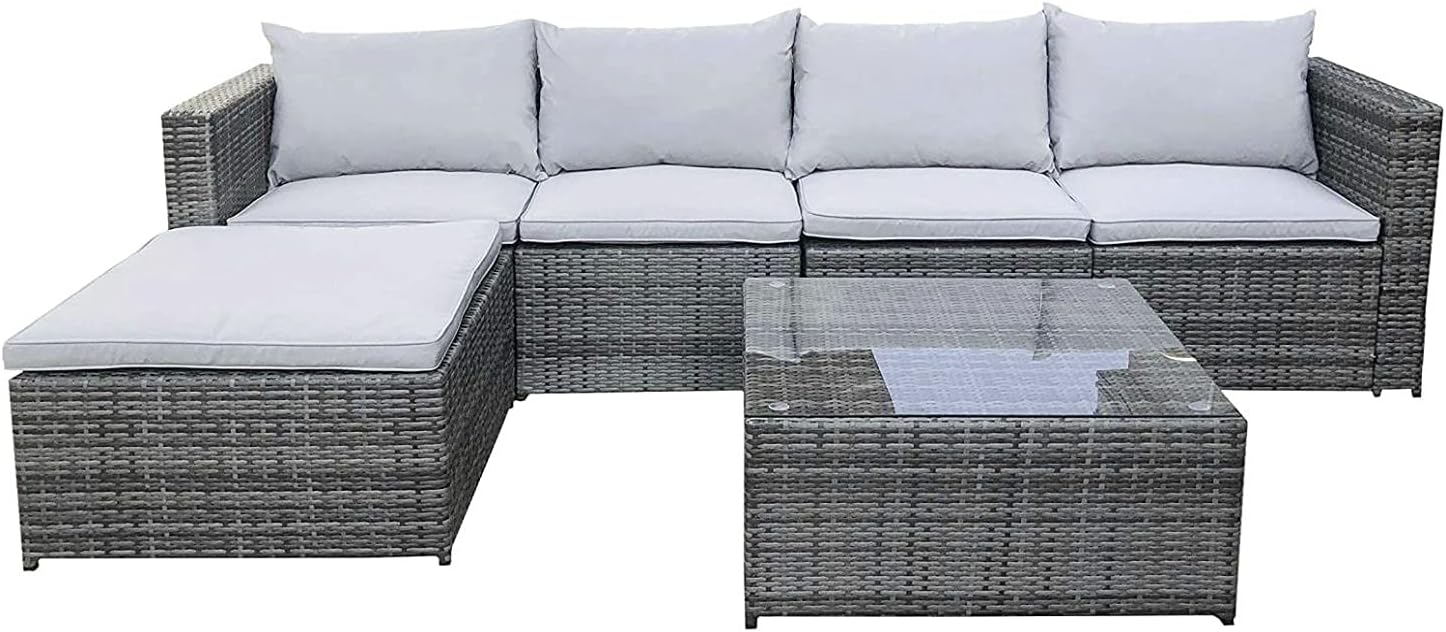 EVRE Rattan Outdoor Garden Furniture Set Miami Sofa Coffee Table, Foot Stool Rattan
