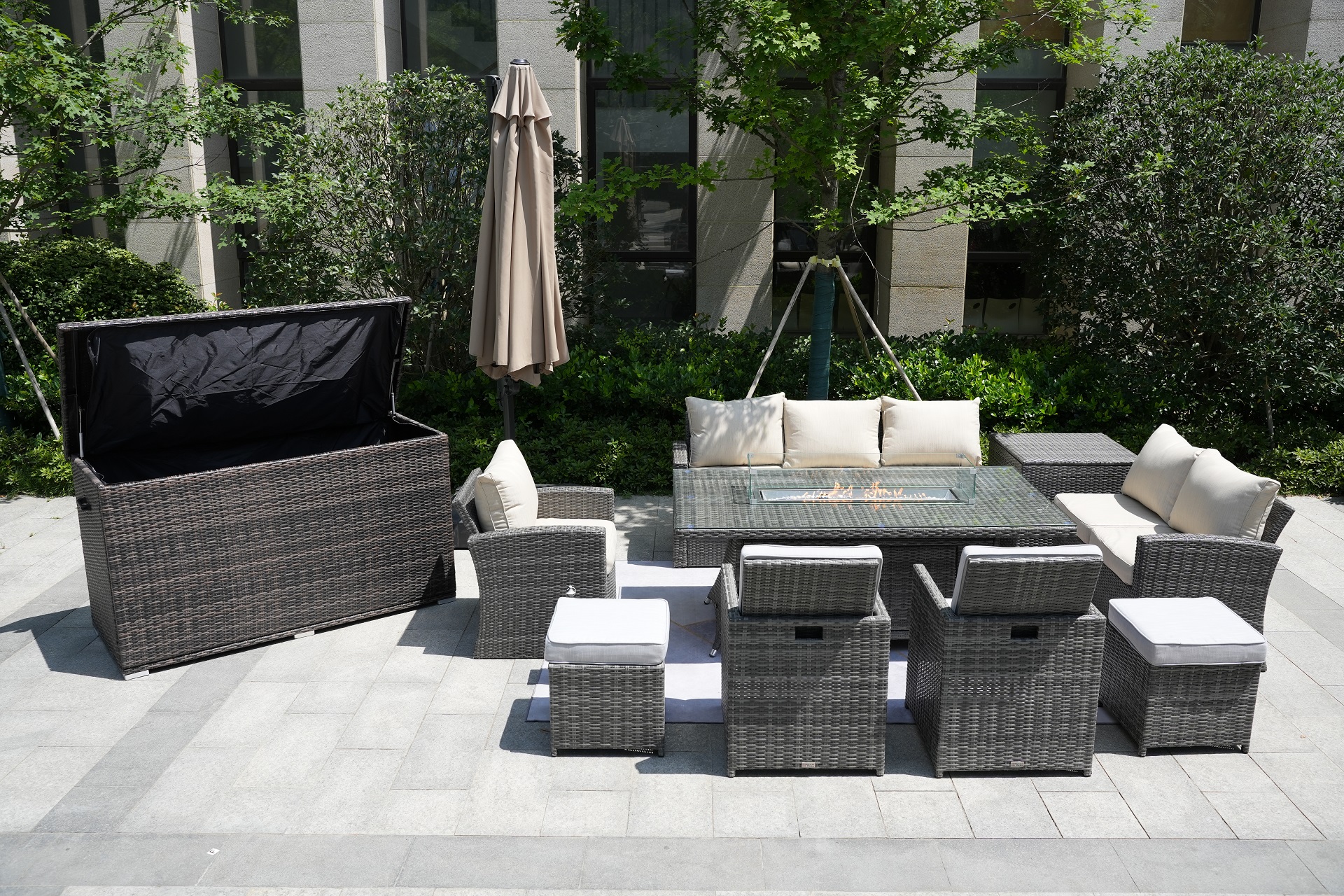 Wicker Patio Gray Wicker Conversational Seating Set with Rectangular Glass Fire Pit Table and Back Chair (Patio Set Option)