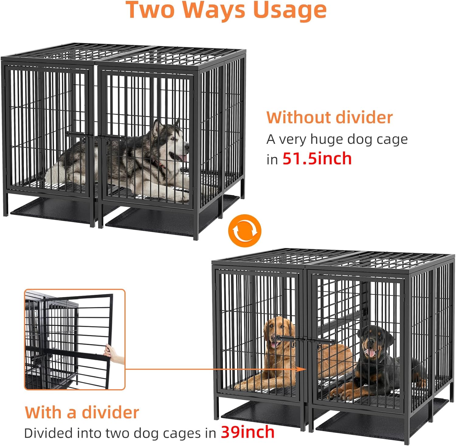 52 Inch Extra Large Huge Metal Pet Cage with Removable Divider Panel - Indoor Higher Inner Space Doggy Playpen Kennel with Two Doors and Trays for Small Medium Large Dogs