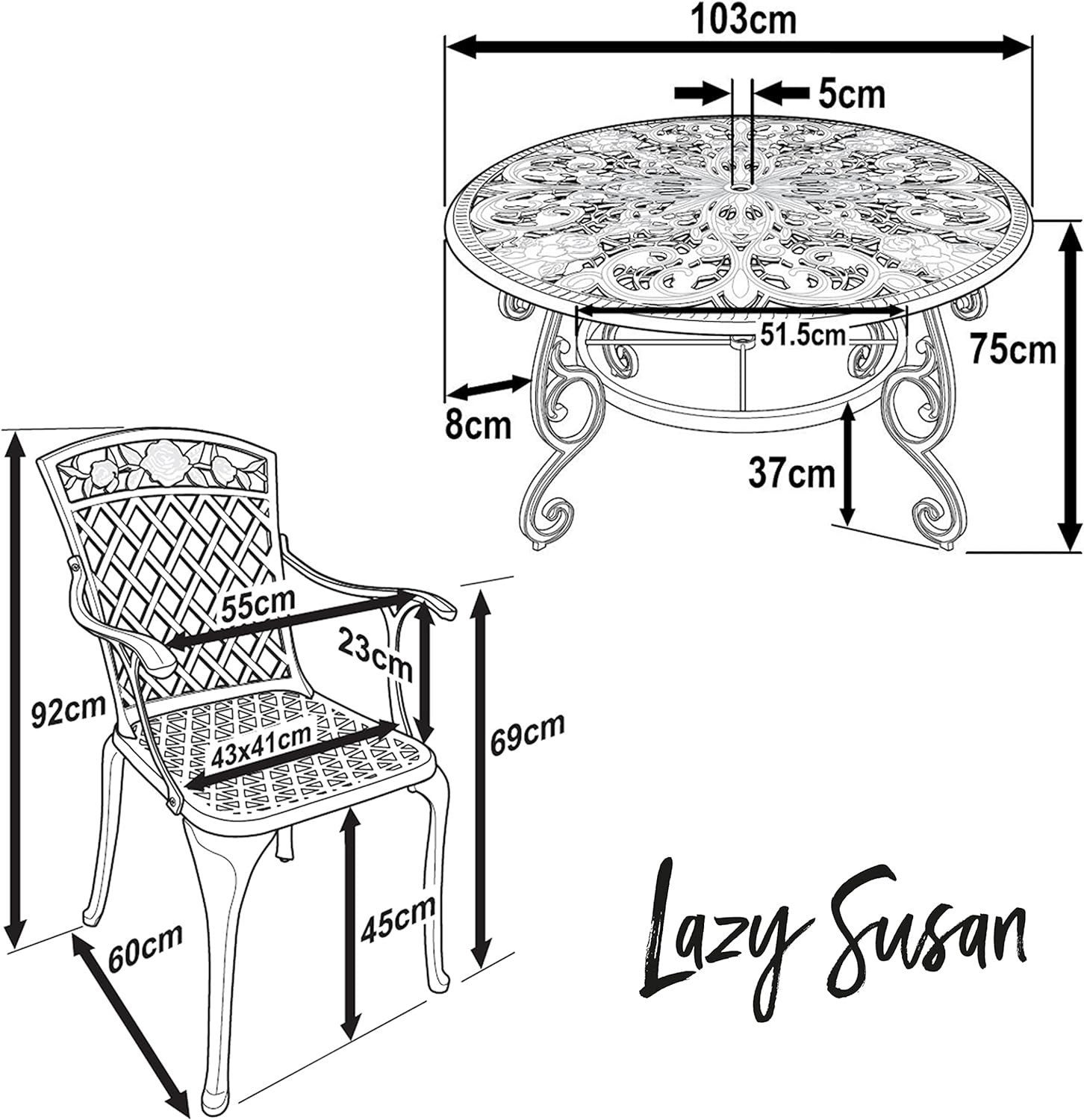Lazy Susan - Flora Round 4 Seater Cast Aluminium Garden Set - Antique Bronze (Rose chairs)